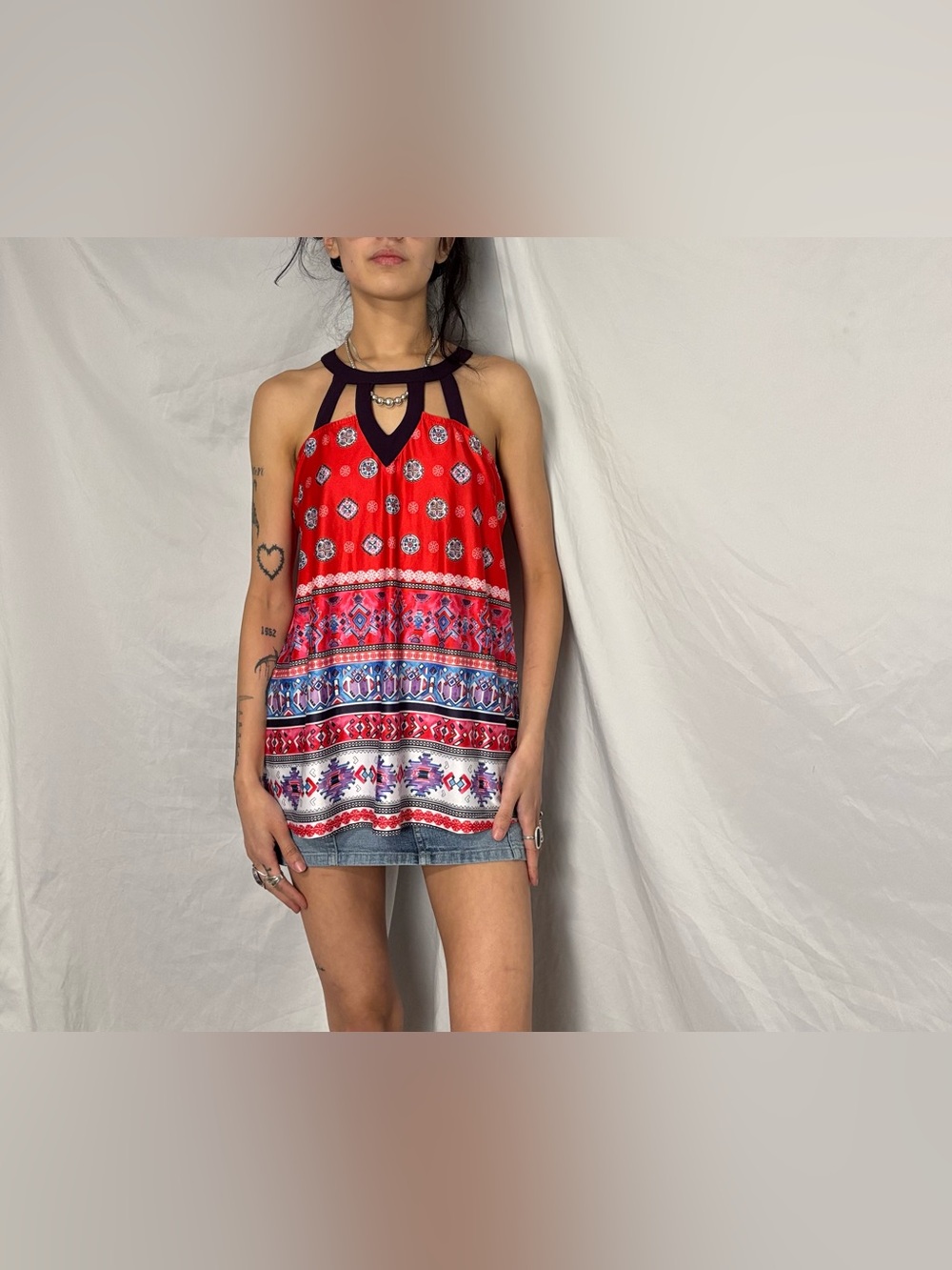 FLT Studio Orange & Purple Boho Printed Top W Cut Out Neckline Size Medium